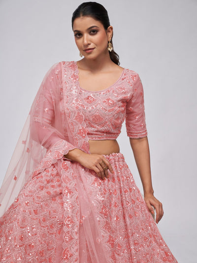 Odette Pink Soft Net Embroidered Semi Stitched Lehenga With Unstitched Blouse For Women