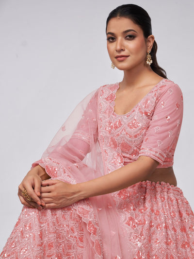 Odette Pink Soft Net Embroidered Semi Stitched Lehenga With Unstitched Blouse For Women