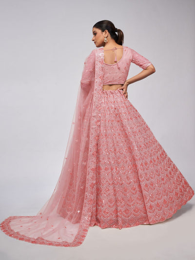 Odette Pink Soft Net Embroidered Semi Stitched Lehenga With Unstitched Blouse For Women