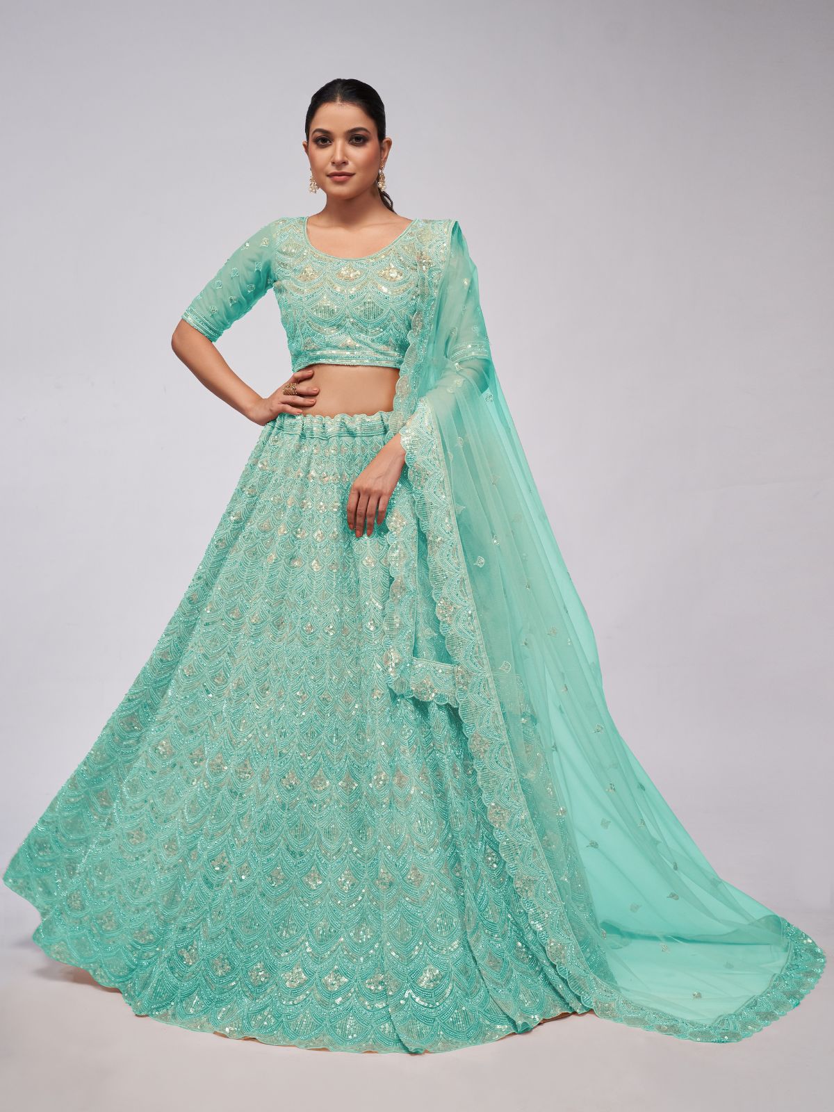 Odette Sky Blue Soft Net Embroidered Semi Stitched Lehenga With Unstitched Blouse For Women