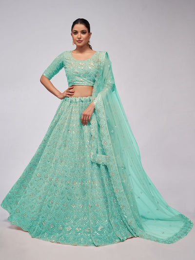 Odette Sky Blue Soft Net Embroidered Semi Stitched Lehenga With Unstitched Blouse For Women