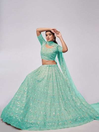 Odette Sky Blue Soft Net Embroidered Semi Stitched Lehenga With Unstitched Blouse For Women