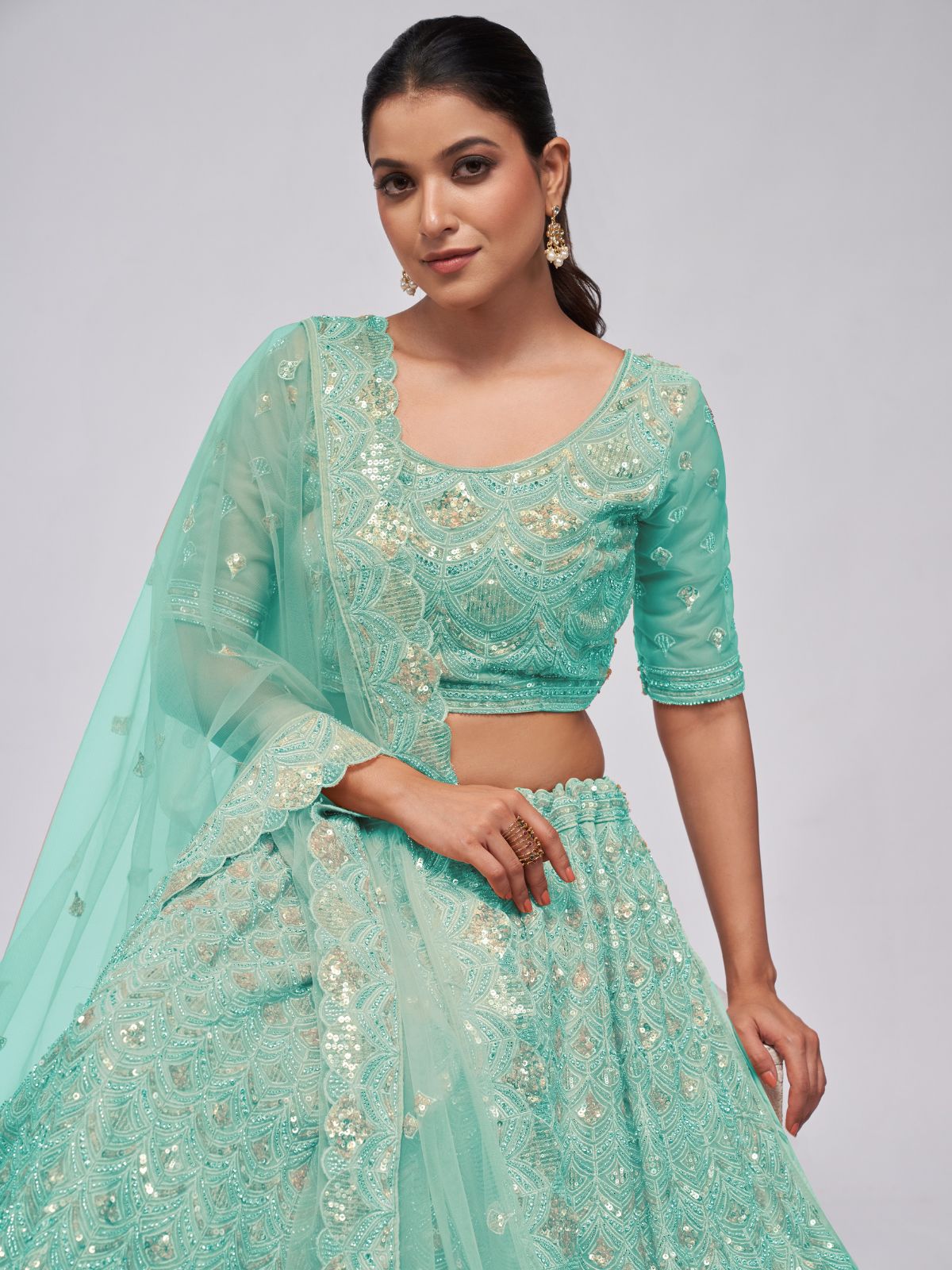 Odette Sky Blue Soft Net Embroidered Semi Stitched Lehenga With Unstitched Blouse For Women