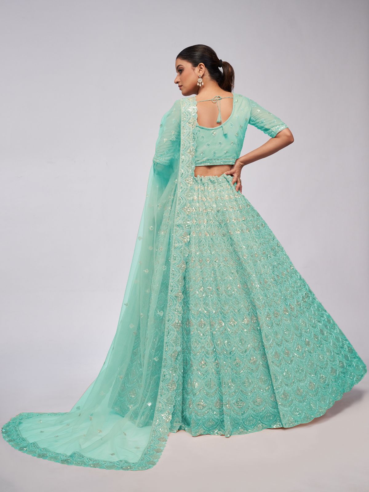 Odette Sky Blue Soft Net Embroidered Semi Stitched Lehenga With Unstitched Blouse For Women