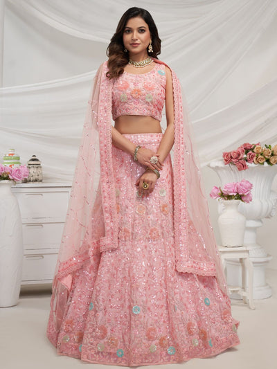 Odette Pink Soft Net Embroidered Semi Stitched Lehenga With Unstitched Blouse For Women