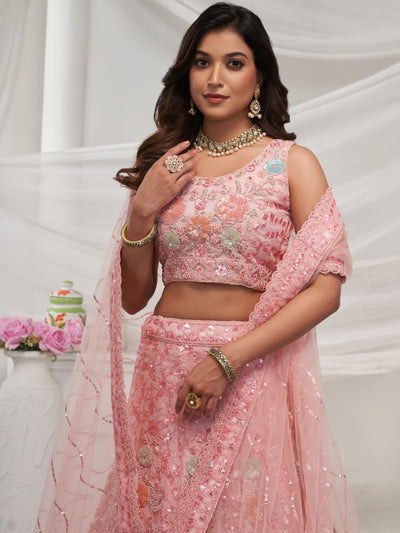 Odette Pink Soft Net Embroidered Semi Stitched Lehenga With Unstitched Blouse For Women