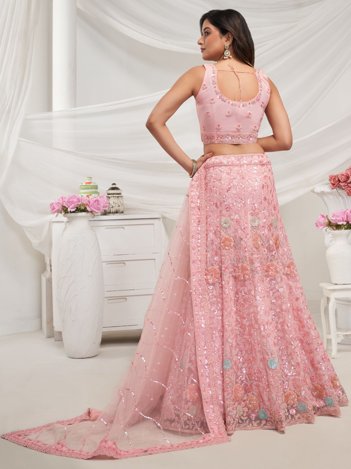 Odette Pink Soft Net Embroidered Semi Stitched Lehenga With Unstitched Blouse For Women