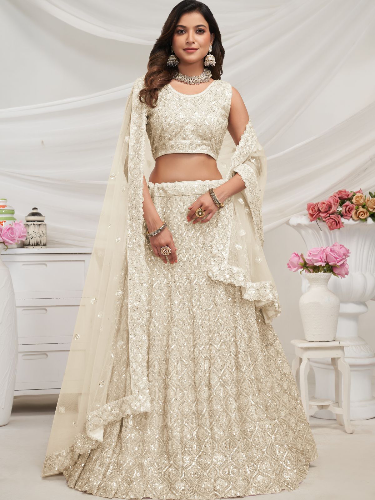 Odette White Soft Net Embroidered Semi Stitched Lehenga With Unstitched Blouse For Women