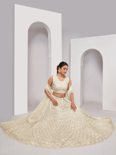 Odette White Soft Net Embroidered Semi Stitched Lehenga With Unstitched Blouse For Women