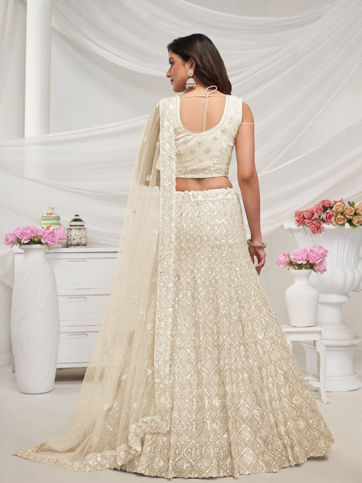 Odette White Soft Net Embroidered Semi Stitched Lehenga With Unstitched Blouse For Women