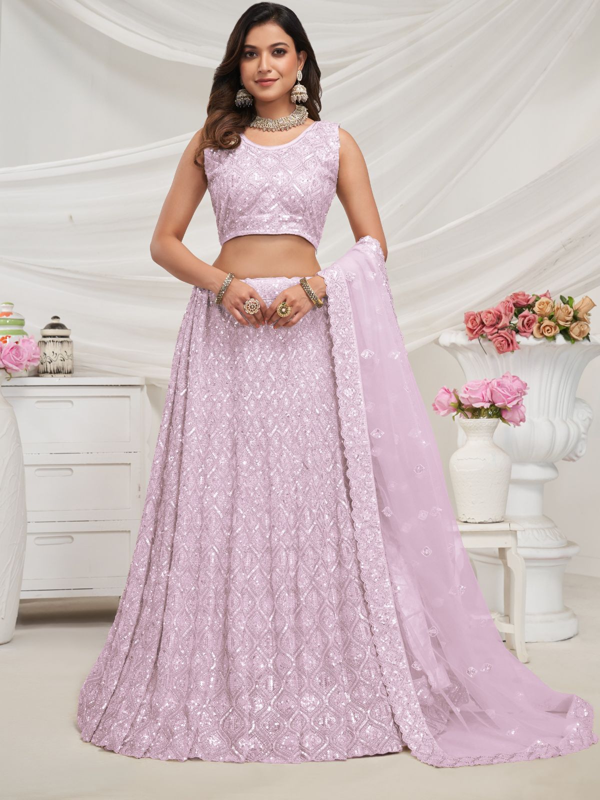 Odette Mauve Soft Net Embroidered Semi Stitched Lehenga With Unstitched Blouse For Women