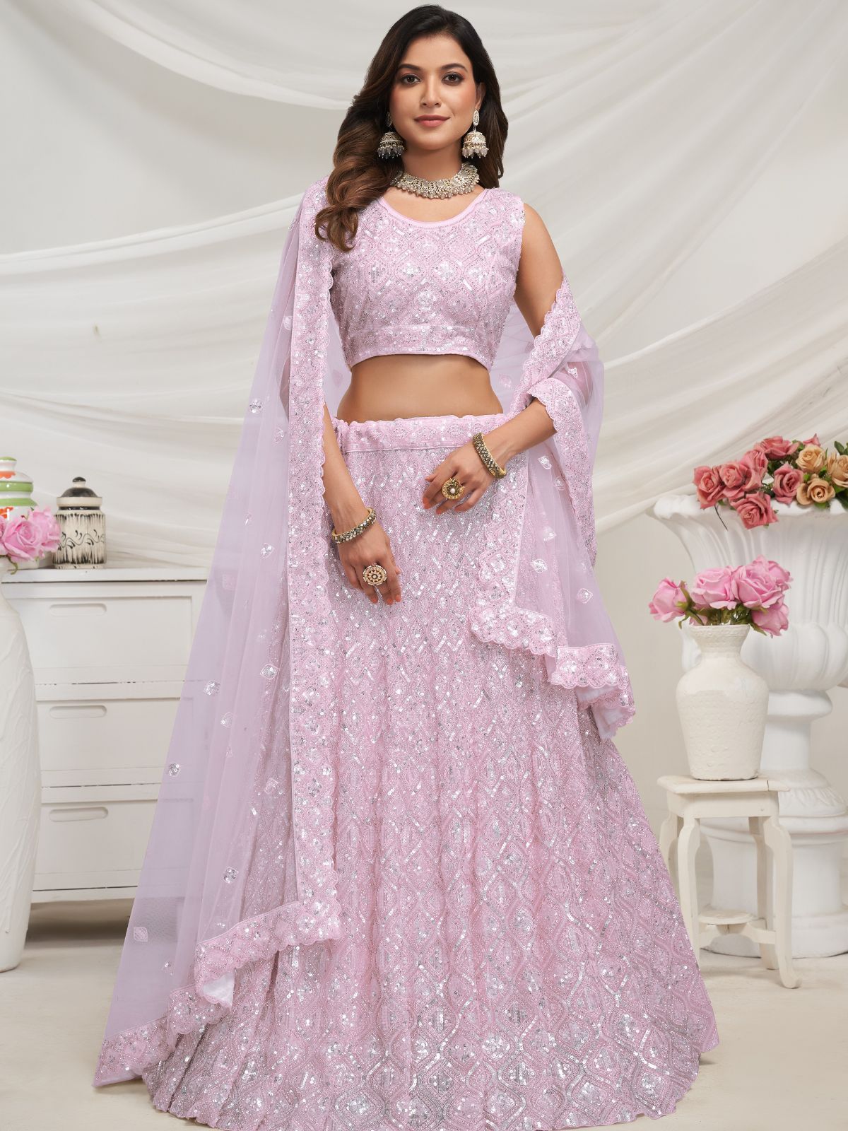 Odette Mauve Soft Net Embroidered Semi Stitched Lehenga With Unstitched Blouse For Women