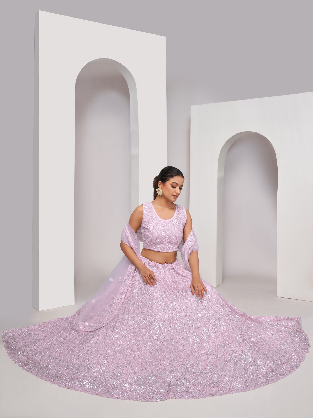 Odette Mauve Soft Net Embroidered Semi Stitched Lehenga With Unstitched Blouse For Women