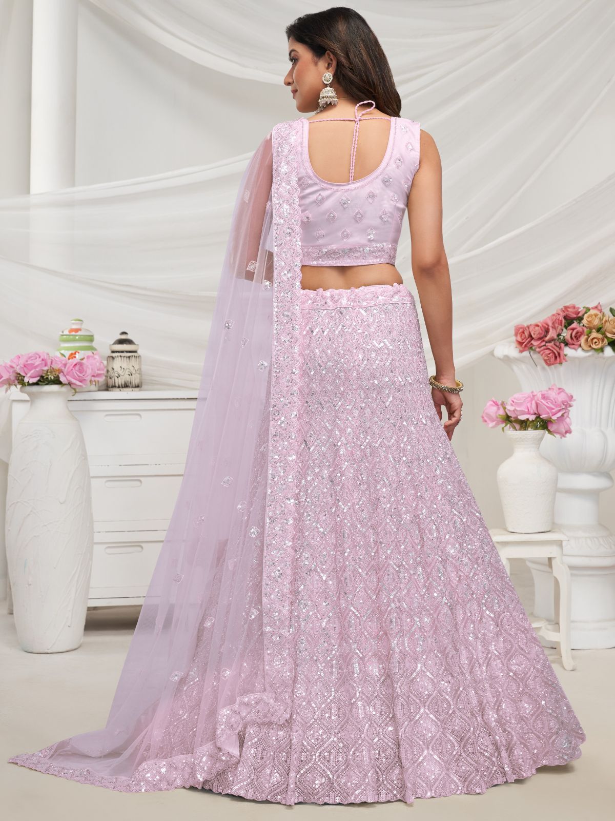 Odette Mauve Soft Net Embroidered Semi Stitched Lehenga With Unstitched Blouse For Women