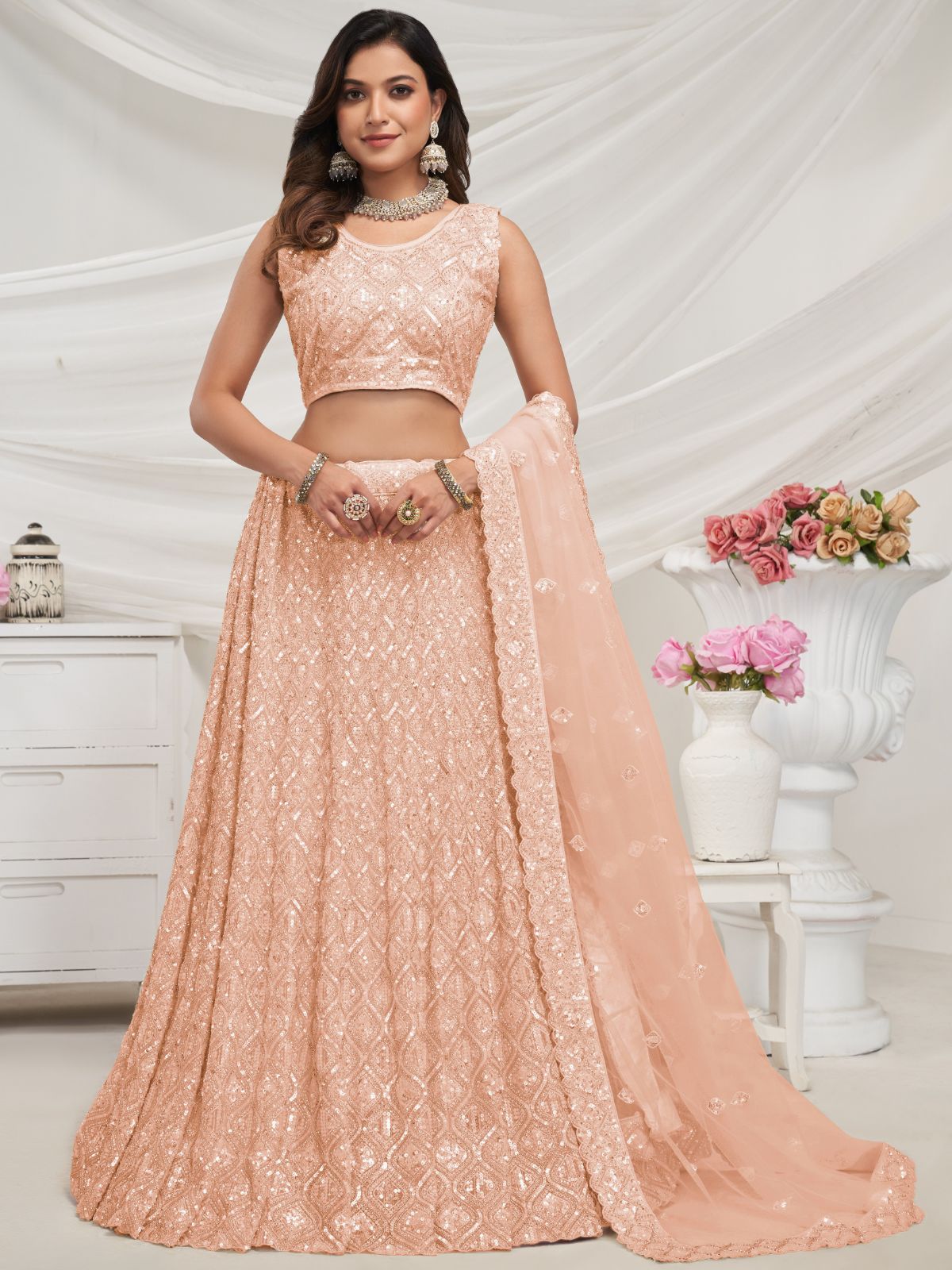 Odette Peach Soft Net Embroidered Semi Stitched Lehenga With Unstitched Blouse For Women