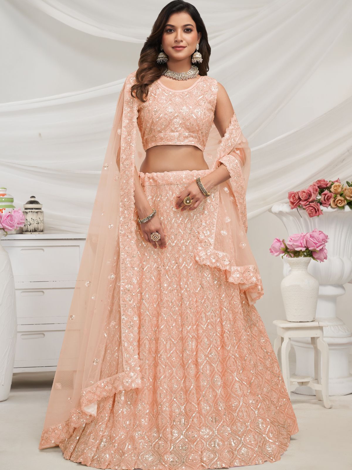 Odette Peach Soft Net Embroidered Semi Stitched Lehenga With Unstitched Blouse For Women