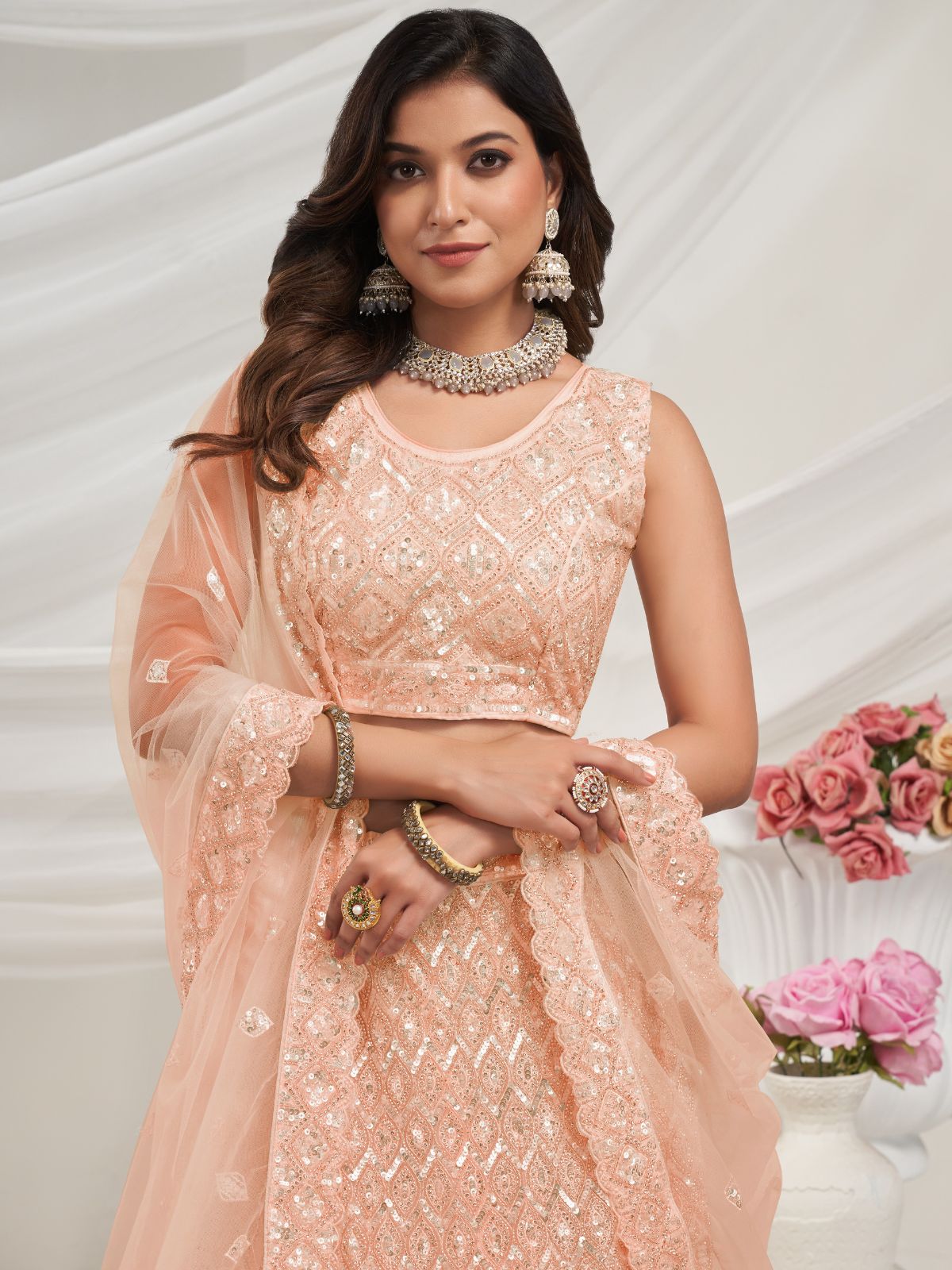 Odette Peach Soft Net Embroidered Semi Stitched Lehenga With Unstitched Blouse For Women