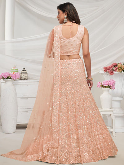 Odette Peach Soft Net Embroidered Semi Stitched Lehenga With Unstitched Blouse For Women