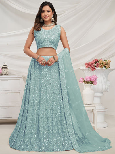 Odette Sky Blue Soft Net Embroidered Semi Stitched Lehenga With Unstitched Blouse For Women