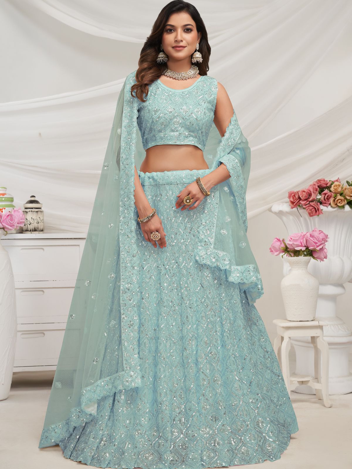 Odette Sky Blue Soft Net Embroidered Semi Stitched Lehenga With Unstitched Blouse For Women