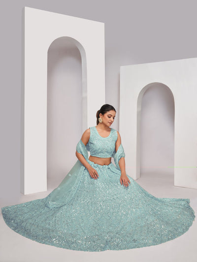 Odette Sky Blue Soft Net Embroidered Semi Stitched Lehenga With Unstitched Blouse For Women