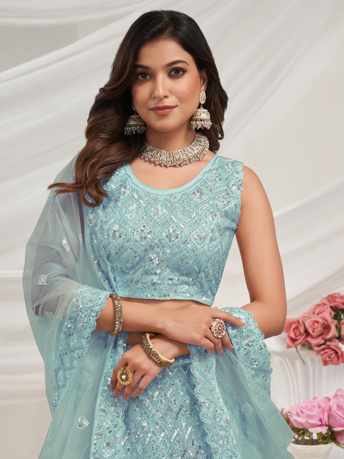 Odette Sky Blue Soft Net Embroidered Semi Stitched Lehenga With Unstitched Blouse For Women