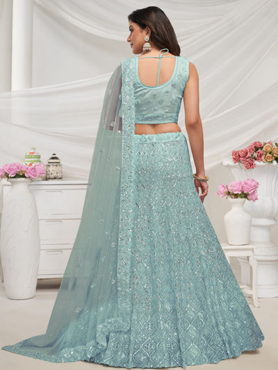 Odette Sky Blue Soft Net Embroidered Semi Stitched Lehenga With Unstitched Blouse For Women