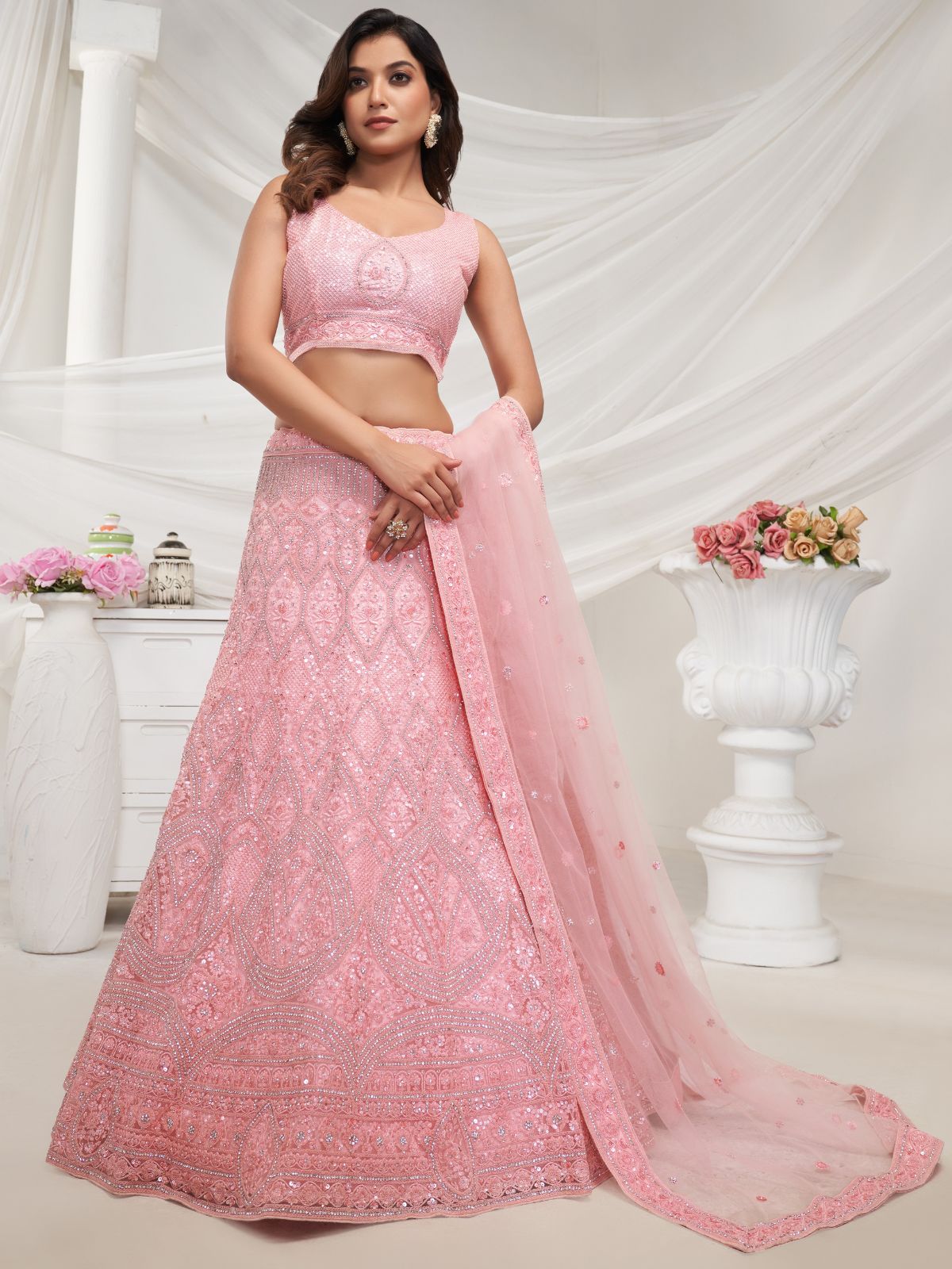 Odette Pink Soft Net Embroidered Semi Stitched Lehenga With Unstitched Blouse For Women