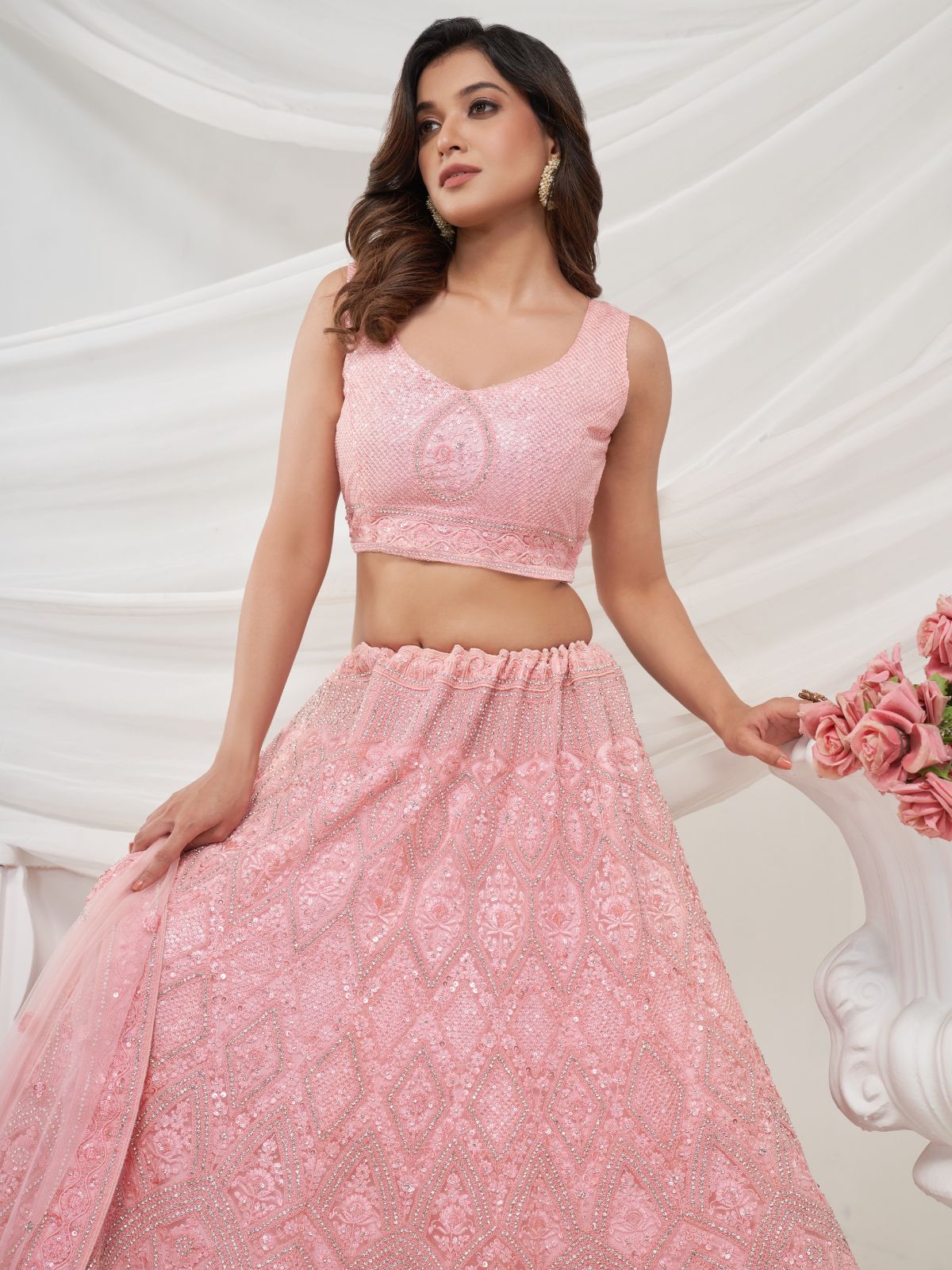 Odette Pink Soft Net Embroidered Semi Stitched Lehenga With Unstitched Blouse For Women