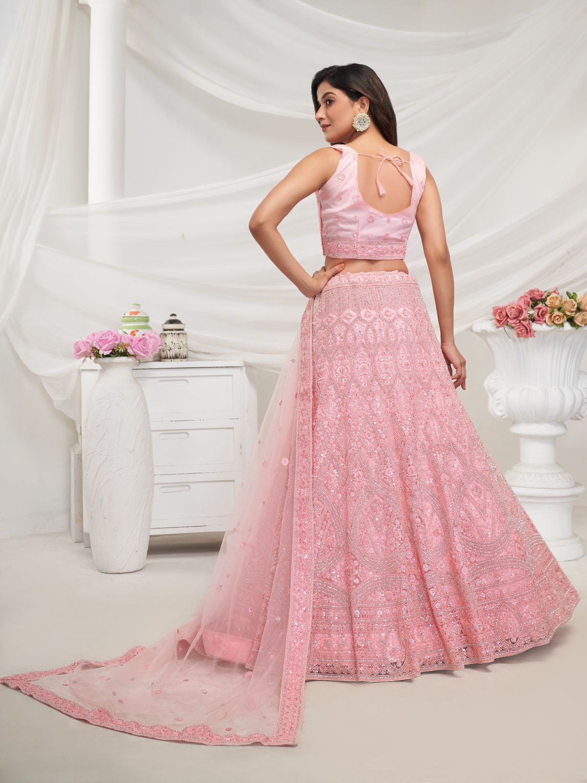 Odette Pink Soft Net Embroidered Semi Stitched Lehenga With Unstitched Blouse For Women