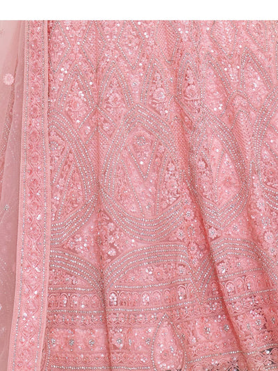 Odette Pink Soft Net Embroidered Semi Stitched Lehenga With Unstitched Blouse For Women