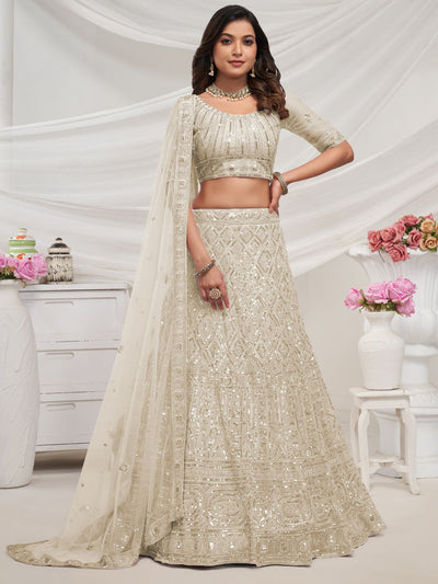 Odette White Soft Net Embroidered Semi Stitched Lehenga With Unstitched Blouse For Women