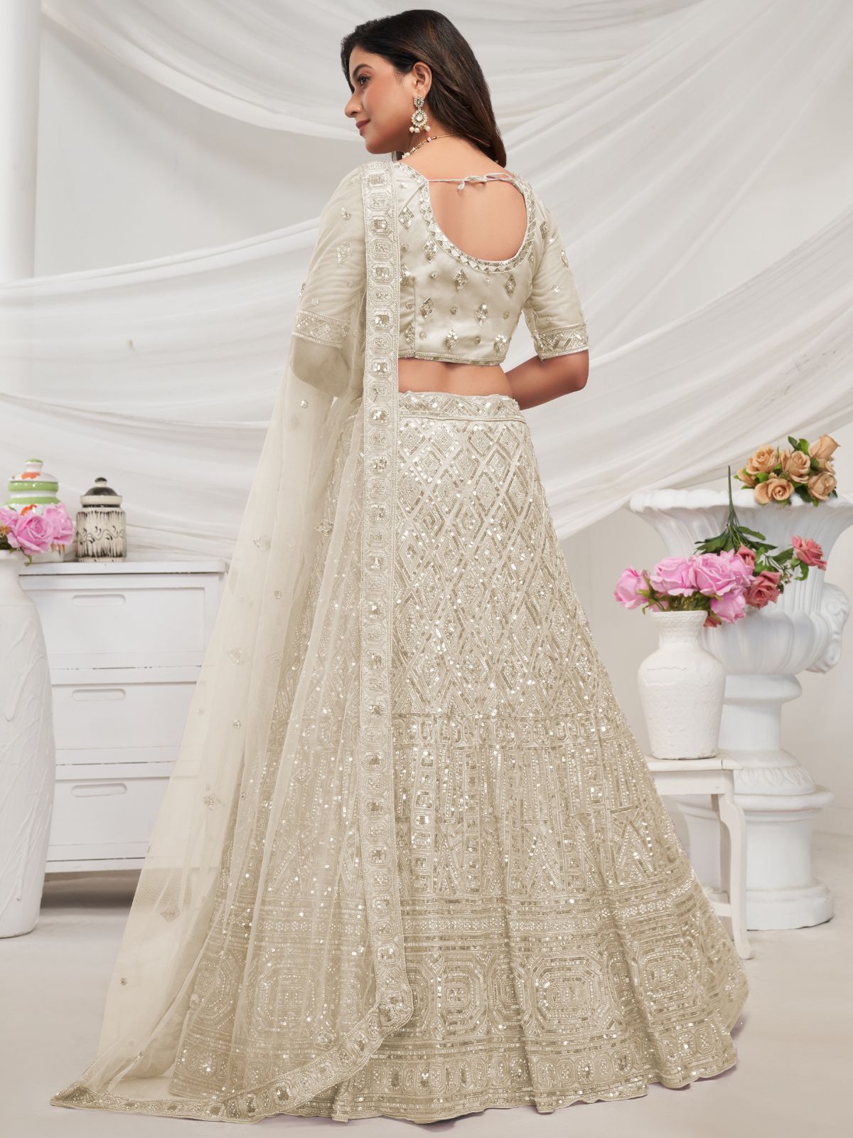 Odette White Soft Net Embroidered Semi Stitched Lehenga With Unstitched Blouse For Women