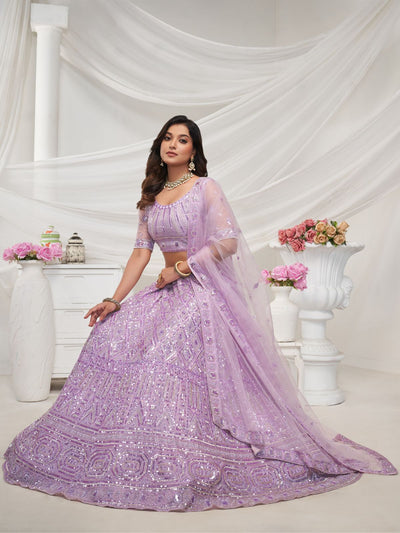 Odette Mauve Soft Net Embroidered Semi Stitched Lehenga With Unstitched Blouse For Women