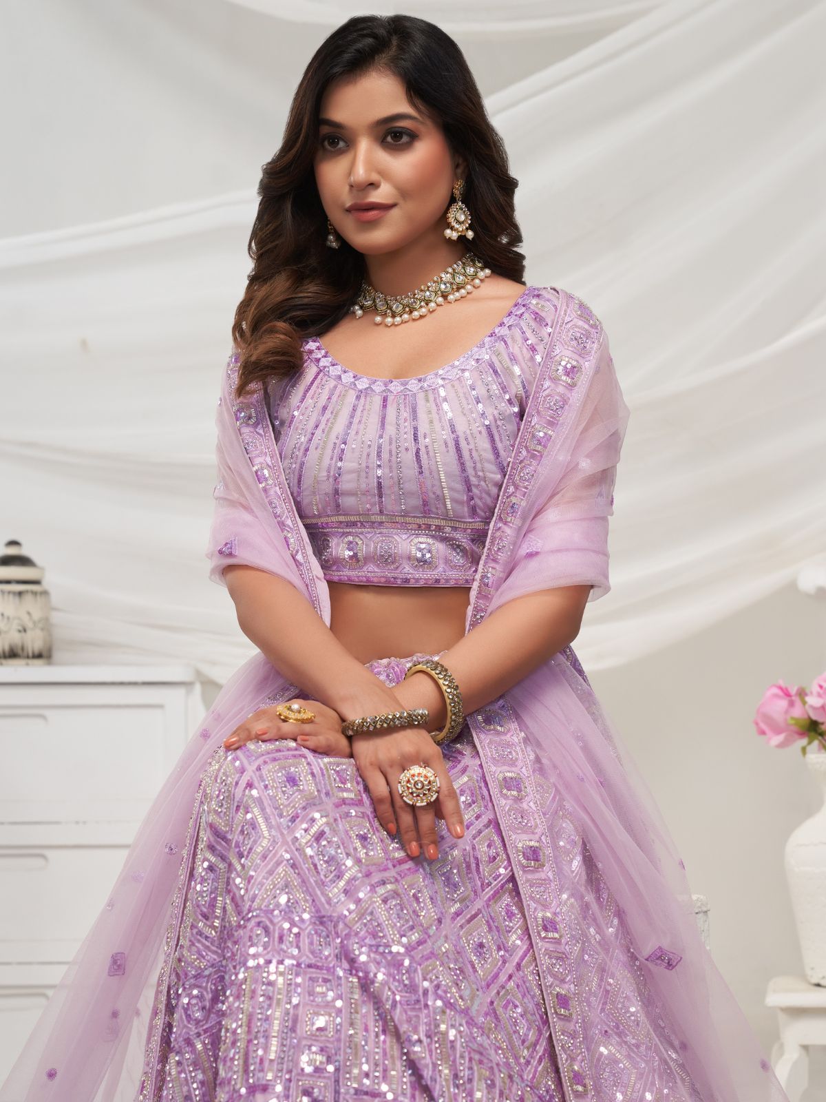 Odette Mauve Soft Net Embroidered Semi Stitched Lehenga With Unstitched Blouse For Women