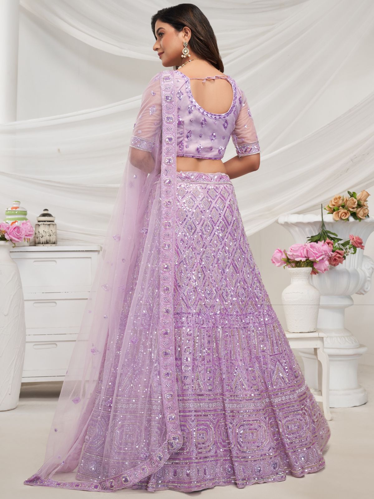 Odette Mauve Soft Net Embroidered Semi Stitched Lehenga With Unstitched Blouse For Women