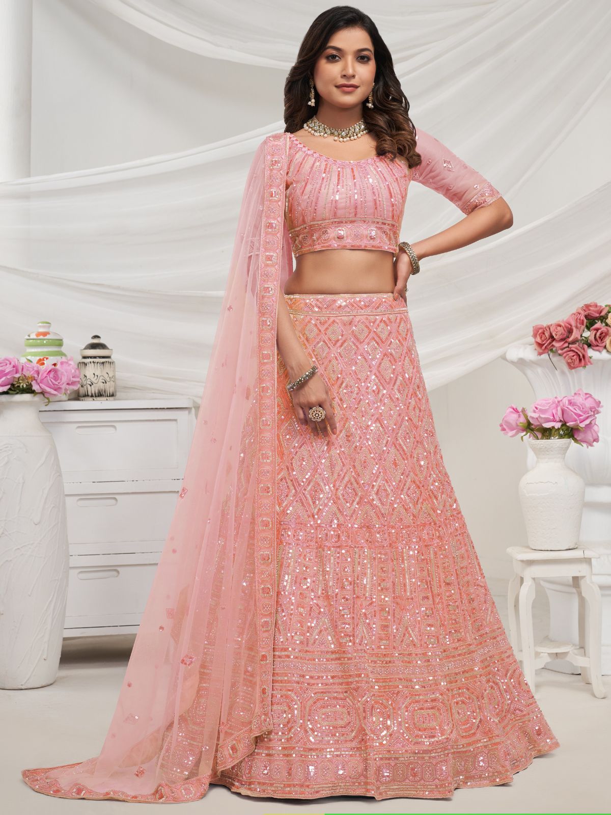 Odette Peach Soft Net Embroidered Semi Stitched Lehenga With Unstitched Blouse For Women