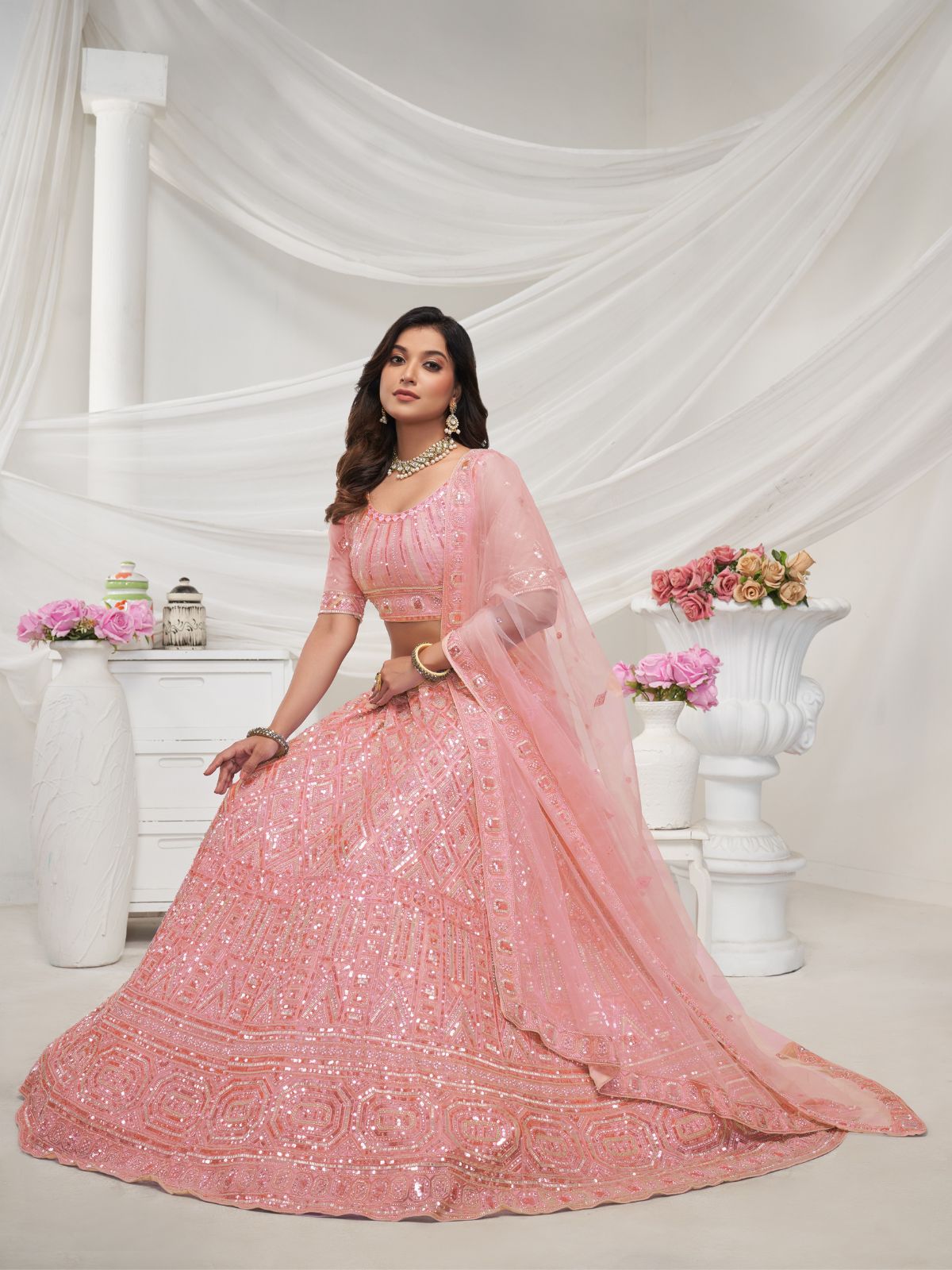 Odette Peach Soft Net Embroidered Semi Stitched Lehenga With Unstitched Blouse For Women