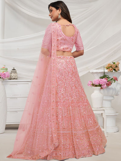 Odette Peach Soft Net Embroidered Semi Stitched Lehenga With Unstitched Blouse For Women