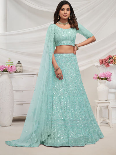 Odette Sky Blue Soft Net Embroidered Semi Stitched Lehenga With Unstitched Blouse For Women