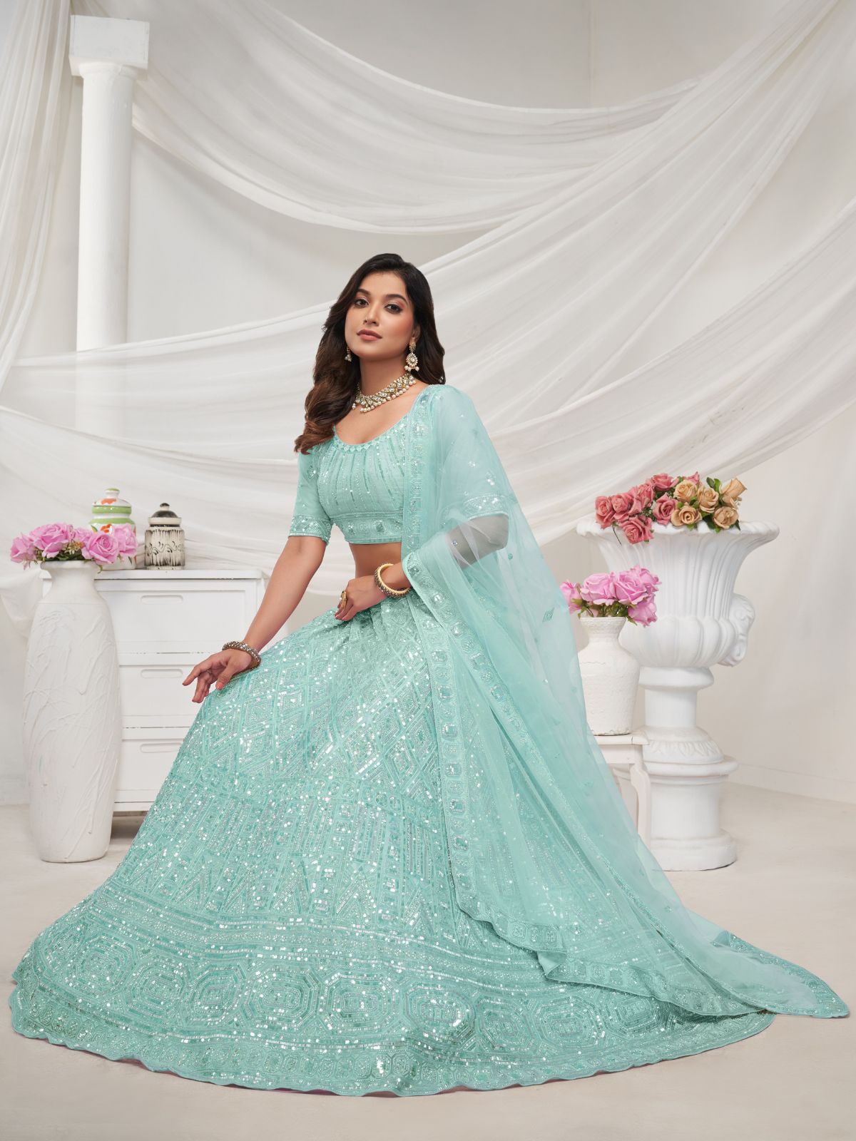 Odette Sky Blue Soft Net Embroidered Semi Stitched Lehenga With Unstitched Blouse For Women