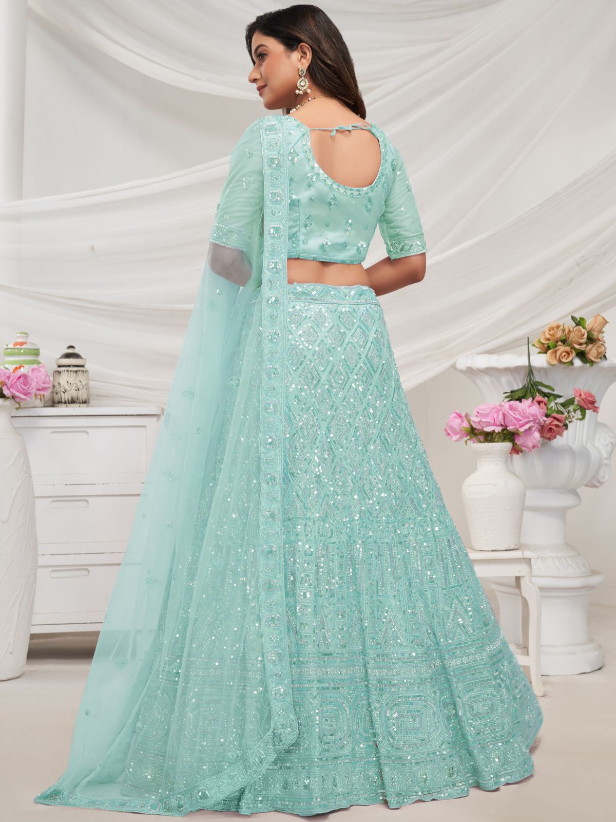 Odette Sky Blue Soft Net Embroidered Semi Stitched Lehenga With Unstitched Blouse For Women