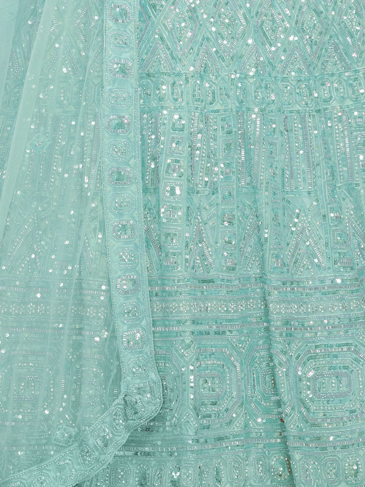 Odette Sky Blue Soft Net Embroidered Semi Stitched Lehenga With Unstitched Blouse For Women