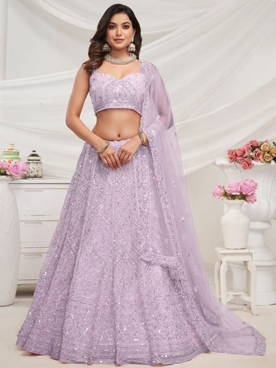 Odette Mauve Soft Net Embroidered Semi Stitched Lehenga With Unstitched Blouse For Women