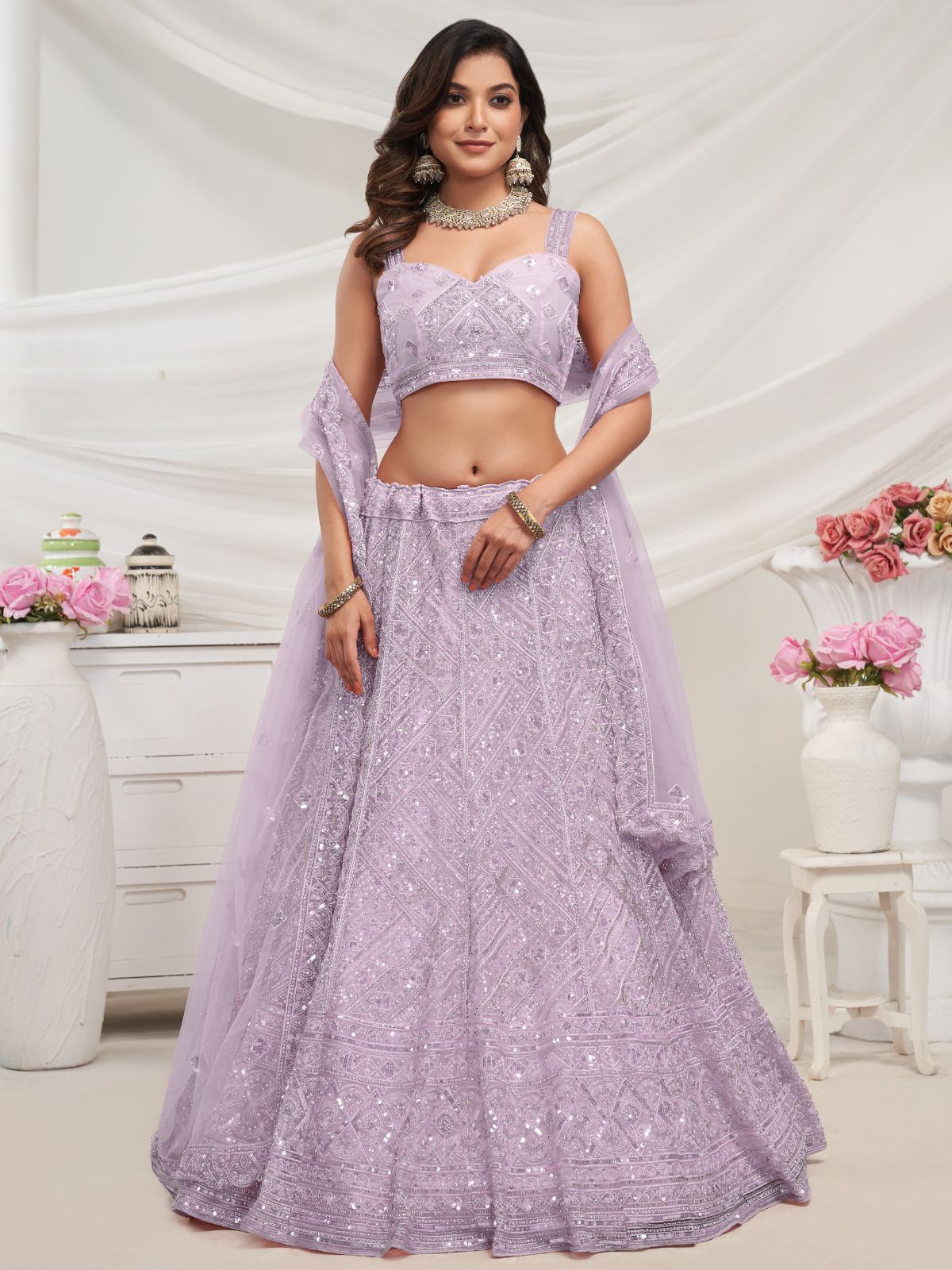 Odette Mauve Soft Net Embroidered Semi Stitched Lehenga With Unstitched Blouse For Women