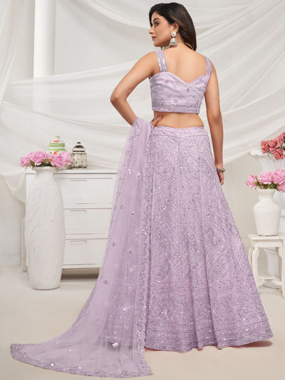 Odette Mauve Soft Net Embroidered Semi Stitched Lehenga With Unstitched Blouse For Women