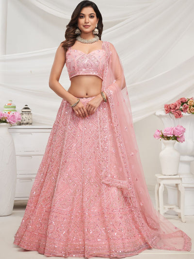 Odette Peach Soft Net Embroidered Semi Stitched Lehenga With Unstitched Blouse For Women