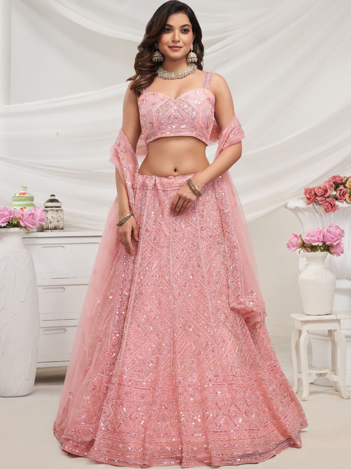 Odette Peach Soft Net Embroidered Semi Stitched Lehenga With Unstitched Blouse For Women