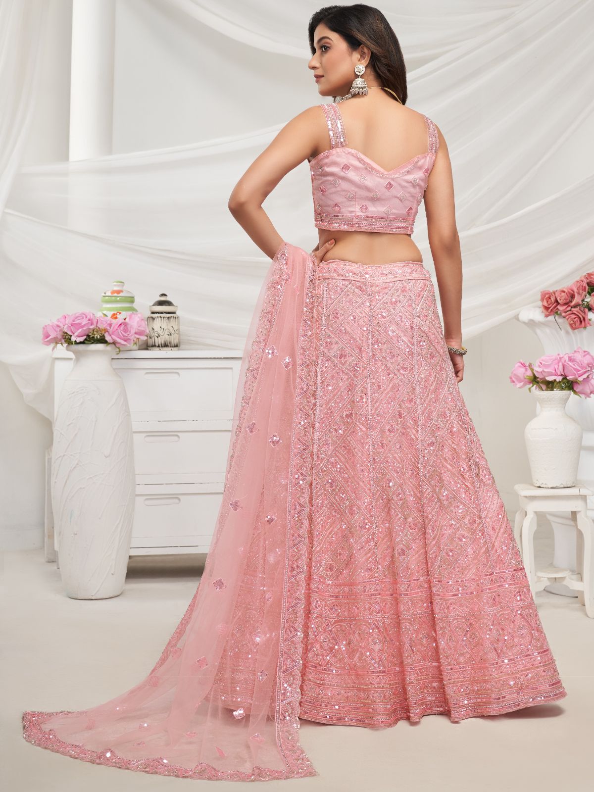 Odette Peach Soft Net Embroidered Semi Stitched Lehenga With Unstitched Blouse For Women