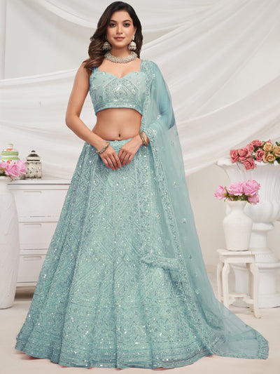 Odette Sky Blue Soft Net Embroidered Semi Stitched Lehenga With Unstitched Blouse For Women